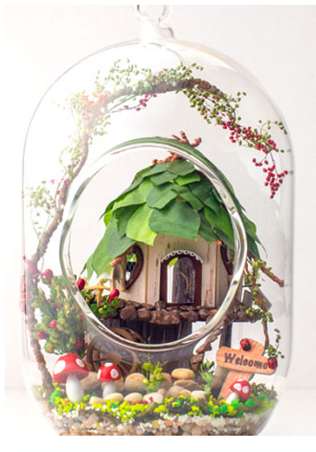 Fairy Tree House Diy Miniature House Model Glass Globe Ornament With Voice Control Led Lights Christmas Gift Idea Toy Game World