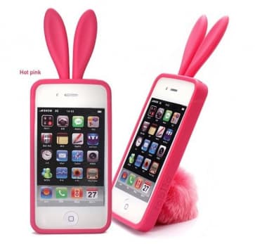 Rabito Bunny Ears Rabbit Furry Tail Hot Rosa Silikon 3D fall för iPhone 4